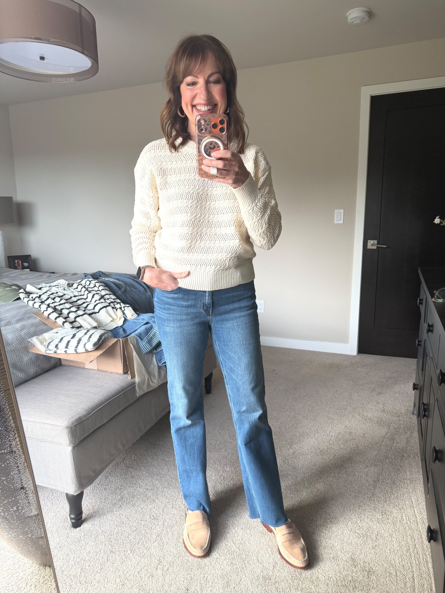 Everyone needs a beige sweater for spring! Love the stitching on this one and the crew neck. This will be so cute with denim shorts, too!💙

Heartloom, Quince jeans, beige loafers, 

#LTKootd #LTKgrwm #LTKOver40