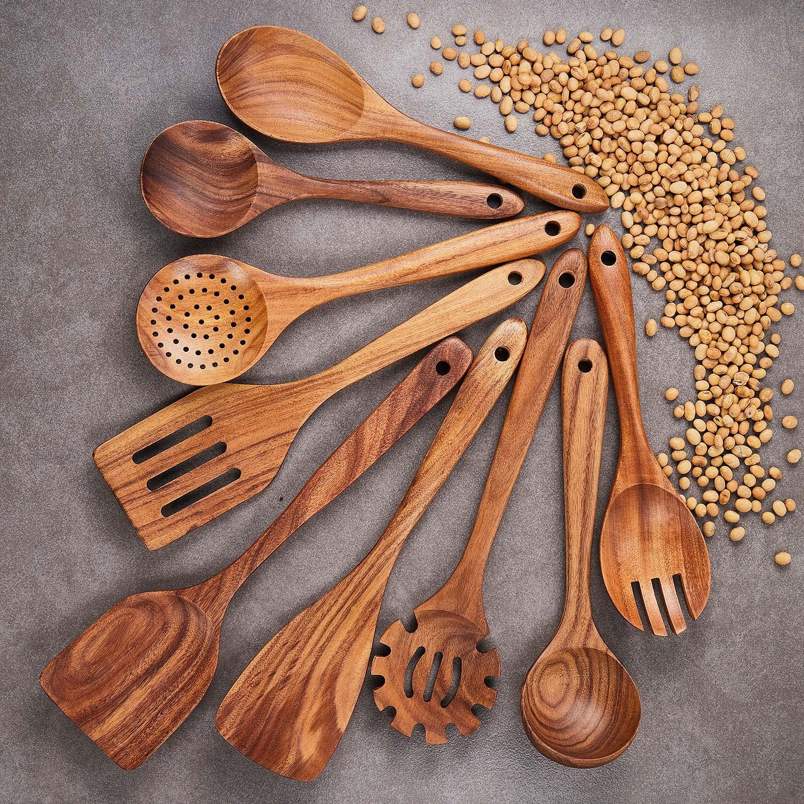 Wooden Kitchen Utensils Set,GUDAMAYE 9 PCE Natural Teak Wooden Spoons For Non-stick Pan for Cooking, | Amazon (US)