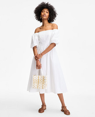 Women's Off-The-Shoulder Puff-Sleeve Midi Dress, Exclusively at Macy's | Macy's