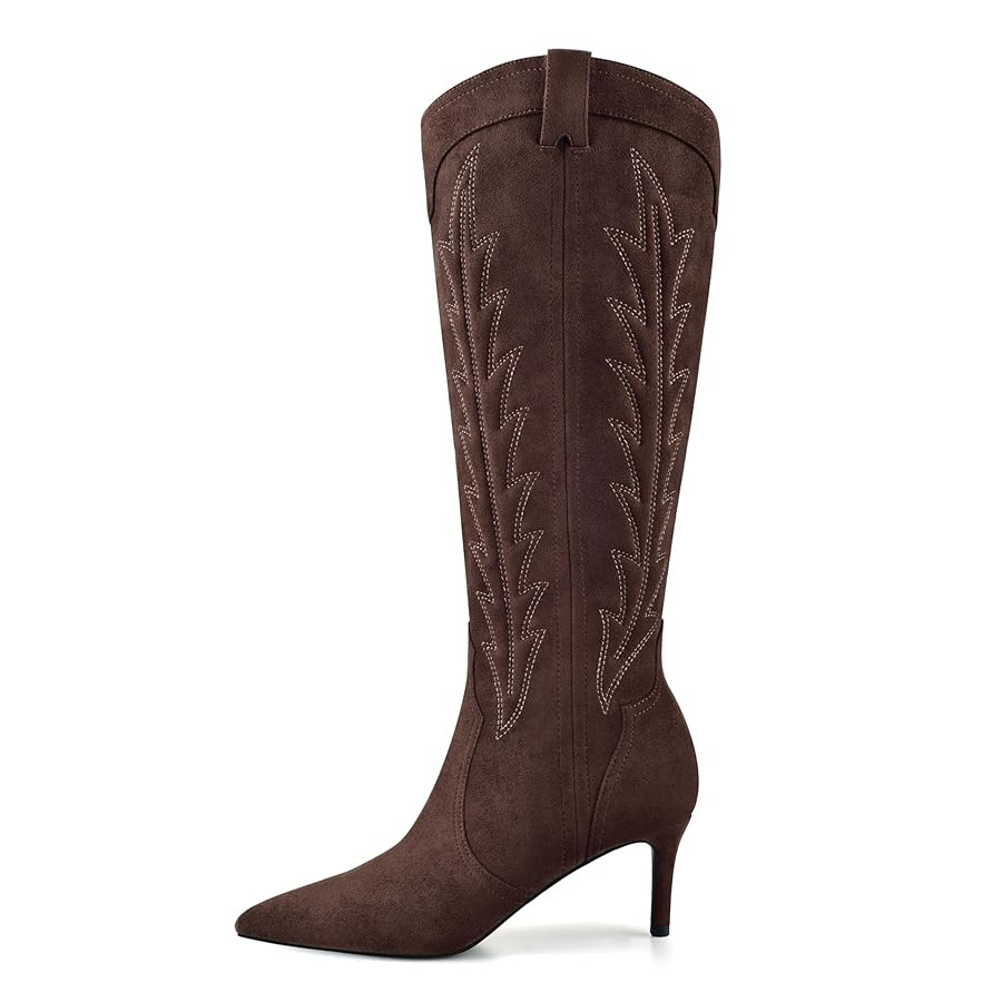 MIRAAZZURRA Knee High Boots Women Suede Cowboy Boots Pointed Toe Kitten Heel Western Embroidered ... | Amazon (US)