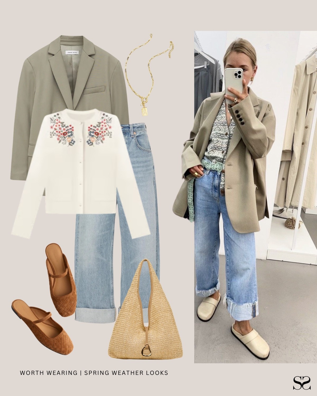 Outfit ideas when spring weather can’t make up its mind: 

An olive blazer over a floral embroidered cardigan and loose jeans. The cardigan adds warmth without adding weight and the cuffed jeans keep it feeling like spring.

Olive blazer, floral embroidered cardigan, loose jeans, woven mule flats, raffia tote bag, gold chain necklace

#LTKSeasonal #LTKootd #LTKgrwm