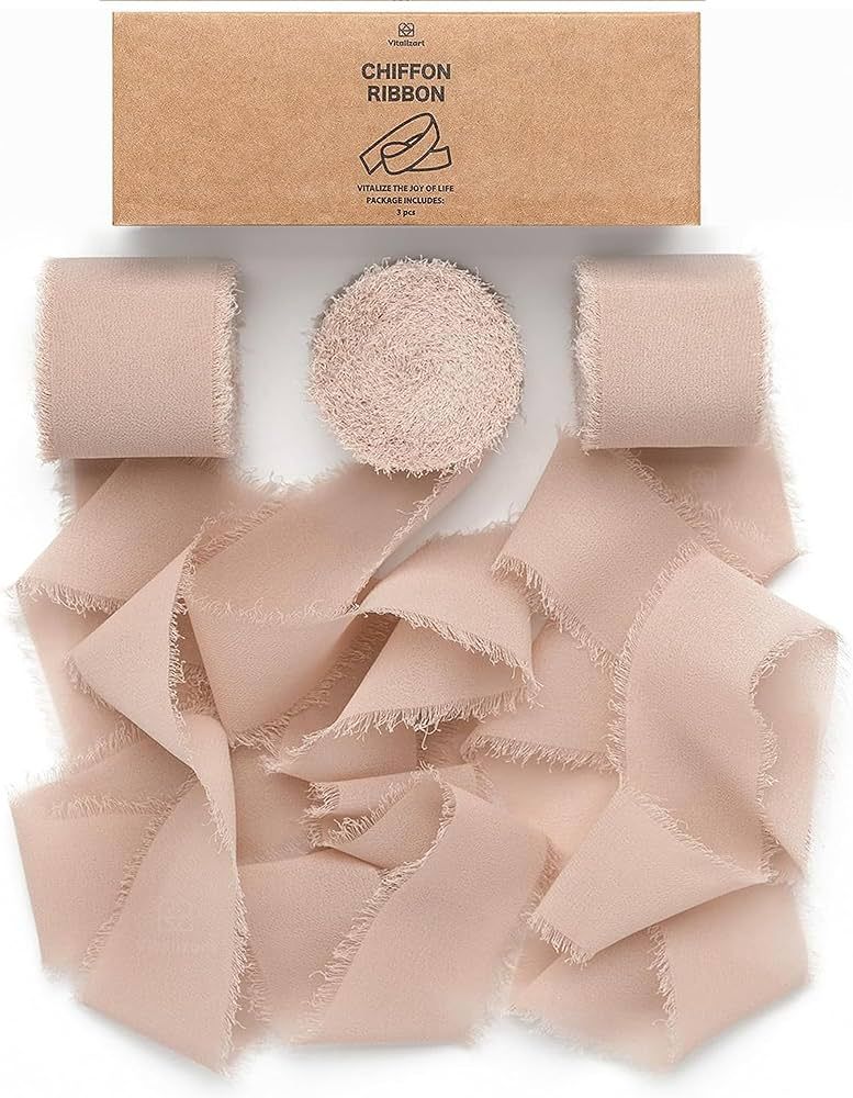 Vitalizart Nude Ribbon Chiffon Silk Ribbon 1.5" x 7Yd Handmade Fringe Ribbon for Gift Wrapping We... | Amazon (US)