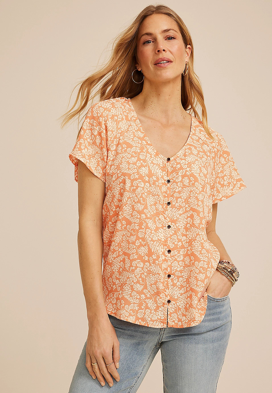 Floral Button Front Blouse | Maurices