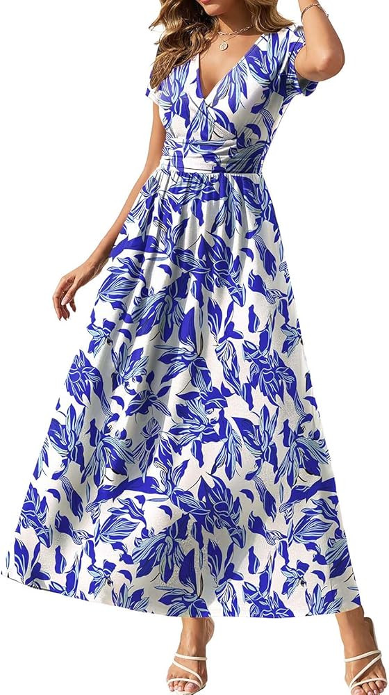 Gracyoga Women's Summer Dresses 2026 Short Sleeve Maxi Dress Casual V Neck Flowy Sundress with Po... | Amazon (US)