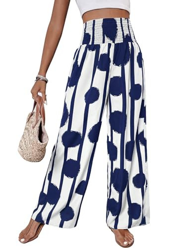 OYOANGLE Women's Boho Polka Dots Shirred Elastic High Waist Loose Wide Leg Long Pants Navy Blue Medium | Amazon (US)