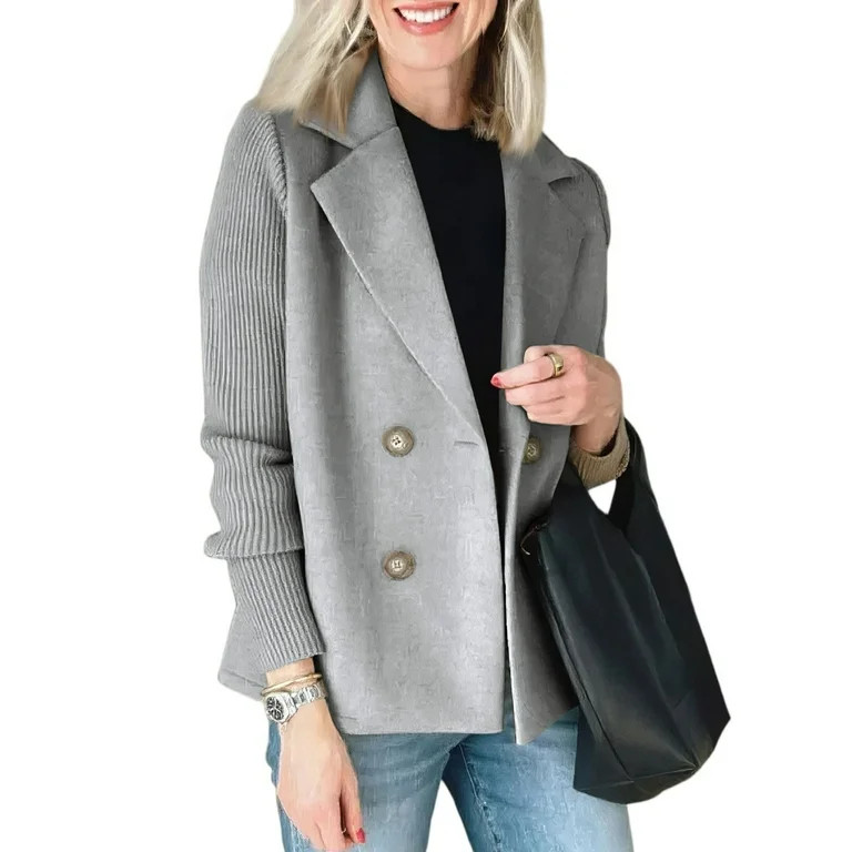 XDDLITP Sweater Blazer Women Patchwork Sleeve Button Knitted Pea Coat Double Breasted Lapel Blaze... | Walmart (US)