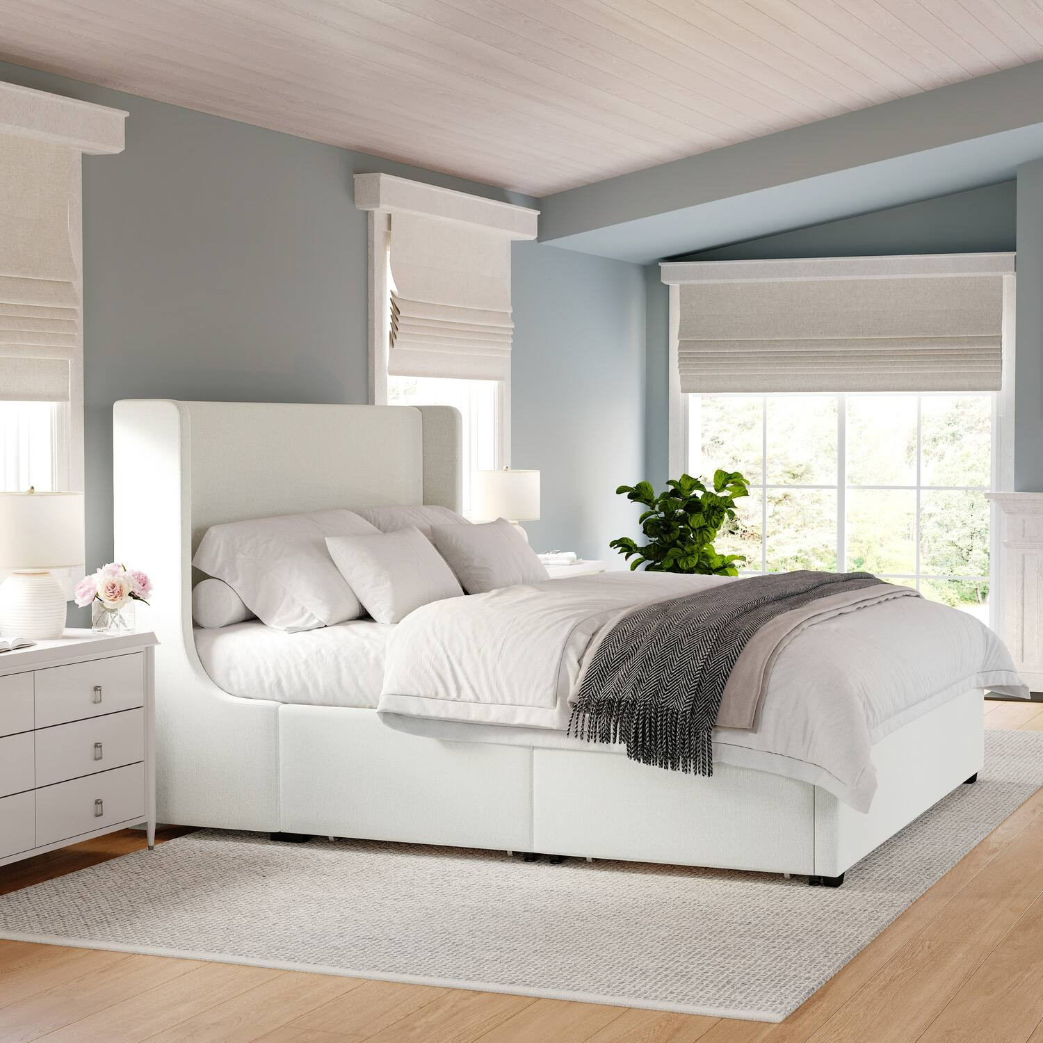 Martha Stewart - Wingback Platform Storage Bed with 4 Side Storage Drawers - Off-White | Best Buy U.S.