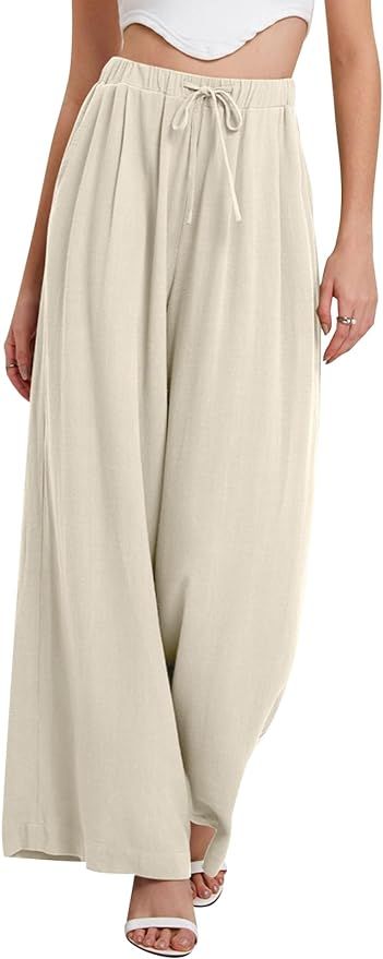 Bloggerlove Womens Linen Palazzo Pants Summer Casual Boho Wide Leg High Waist Lounge Beach Trouse... | Amazon (US)