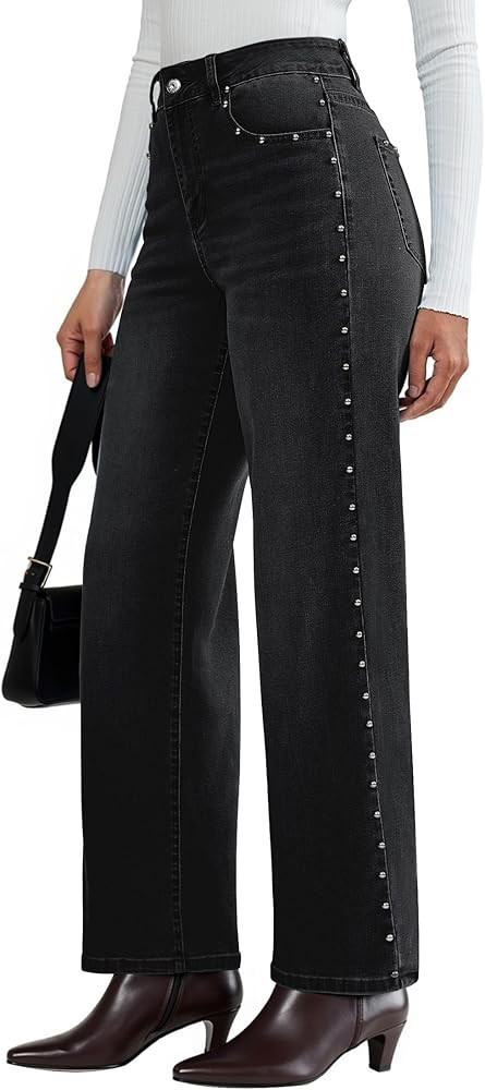 luvamia Women Jeans Wide Leg High Waisted Trendy Side Studded Embellished Distressed Stretchy Den... | Amazon (US)