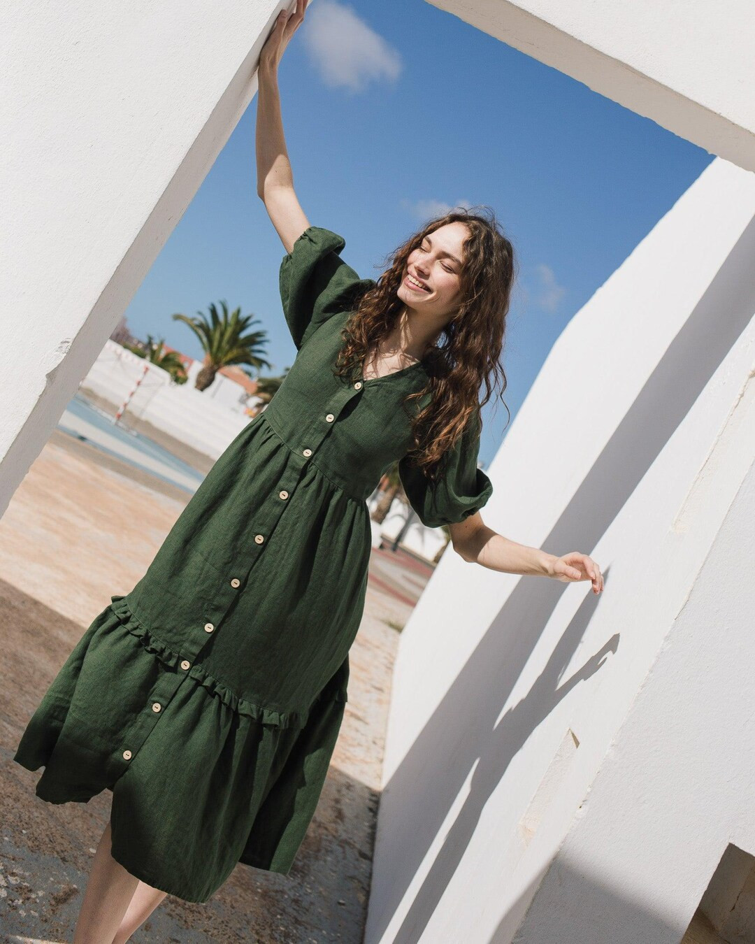 Linen Dress ELYSIAN / Button Down / Linen Dresses / Maxi Linen Dress / V Neck Linen Dress - Etsy | Etsy (US)