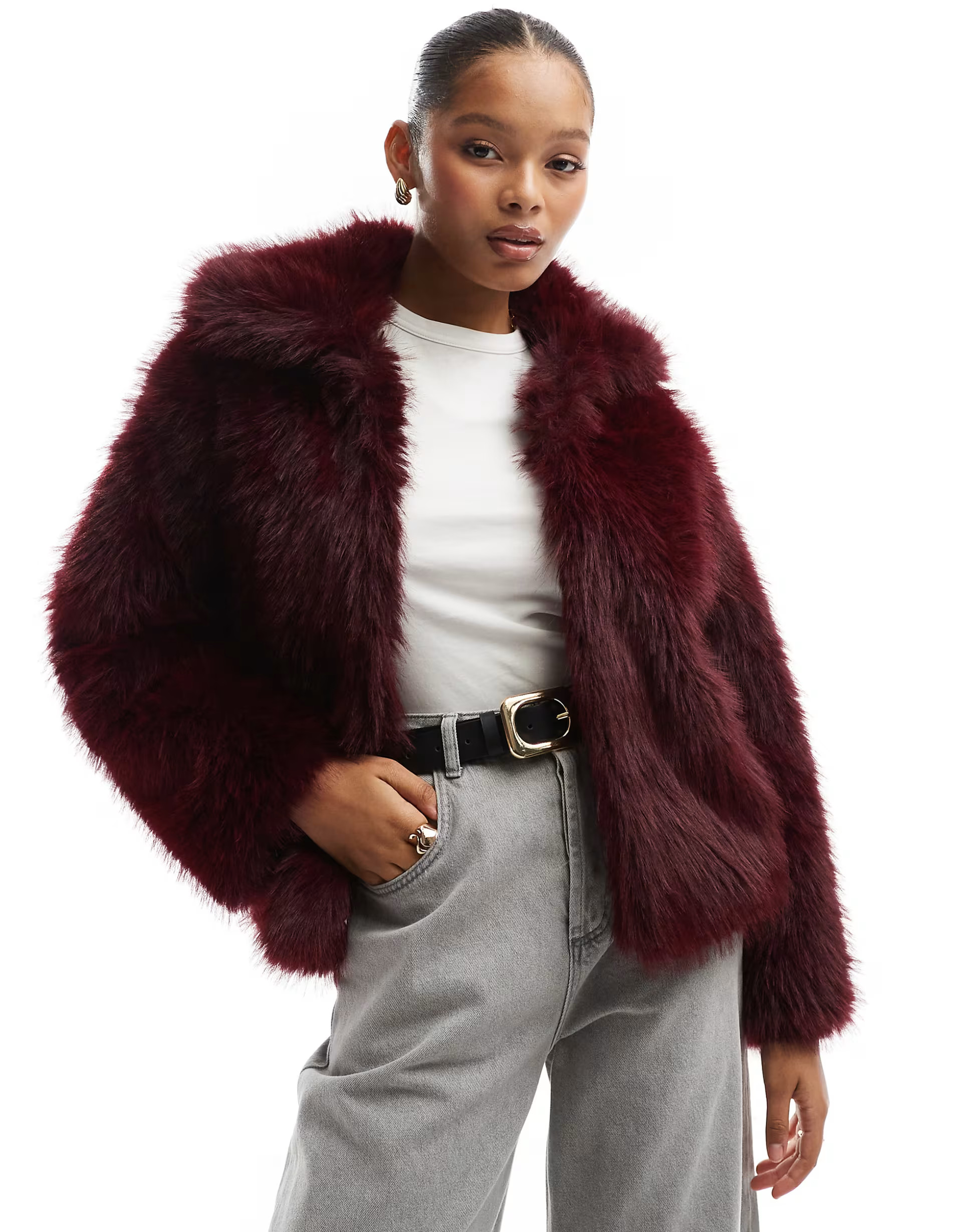 Cotton On Mimi faux fur jacket in burgundy | ASOS (Global)