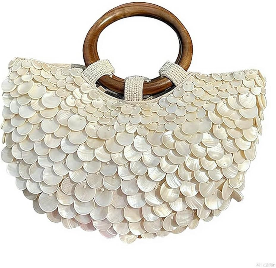 Single-sided Shell Embellished Evening Purse, Summer Shell Beaded Clutch Bag with Wood Handle, Va... | Amazon (UK)