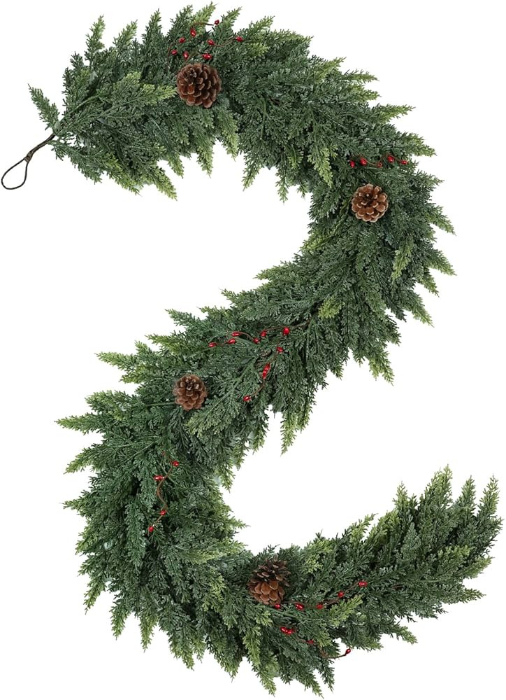 Realistic Christmas Garland for Mantle 6FT Real Touch Thick/Lush Artificial Cedar Garlands with P... | Amazon (US)