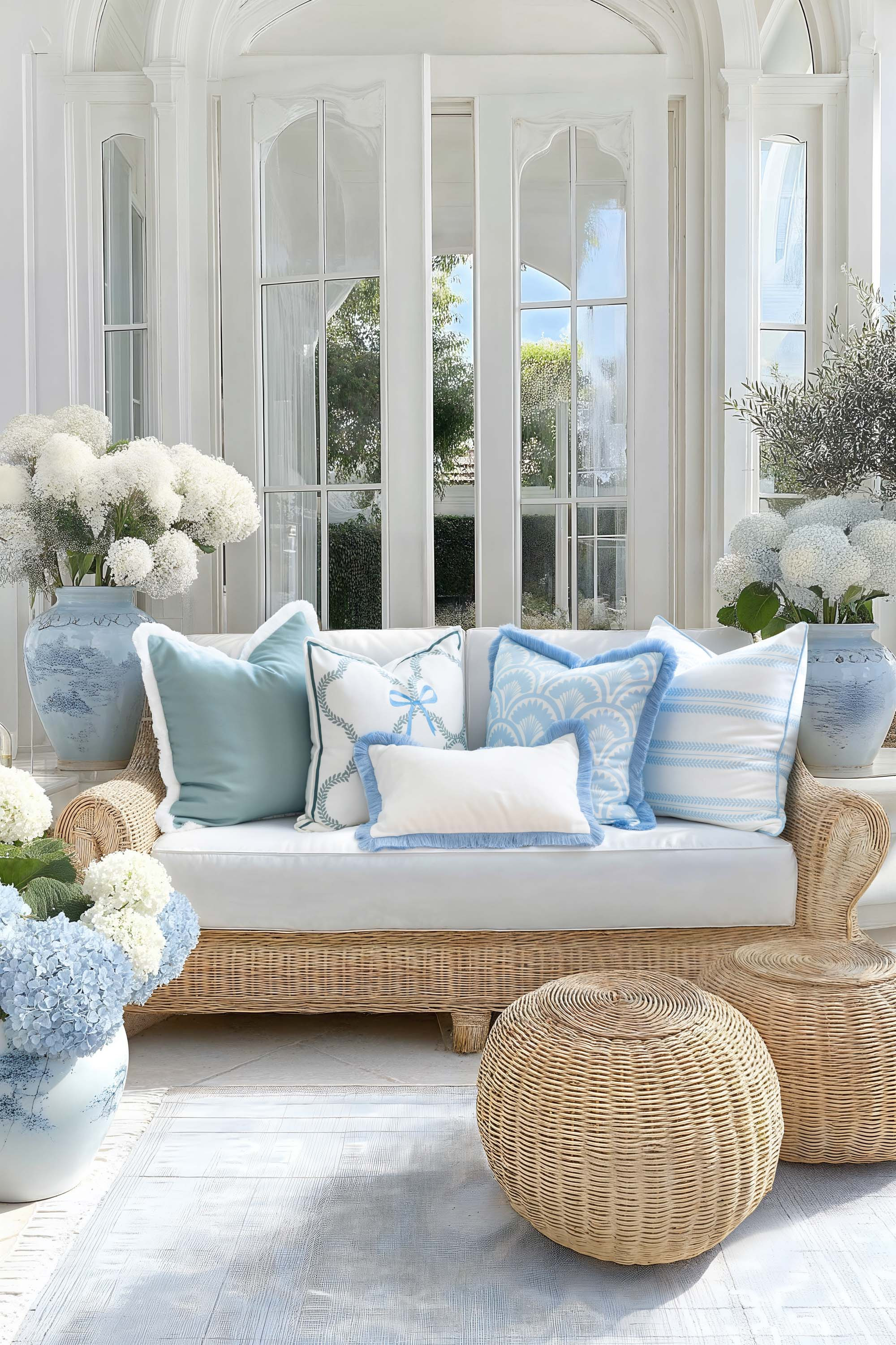 Kapalei Ravenala Scallops, Indoor/Outdoor Blue Pillow Cover, with Fringe, 20 | Hofdeco