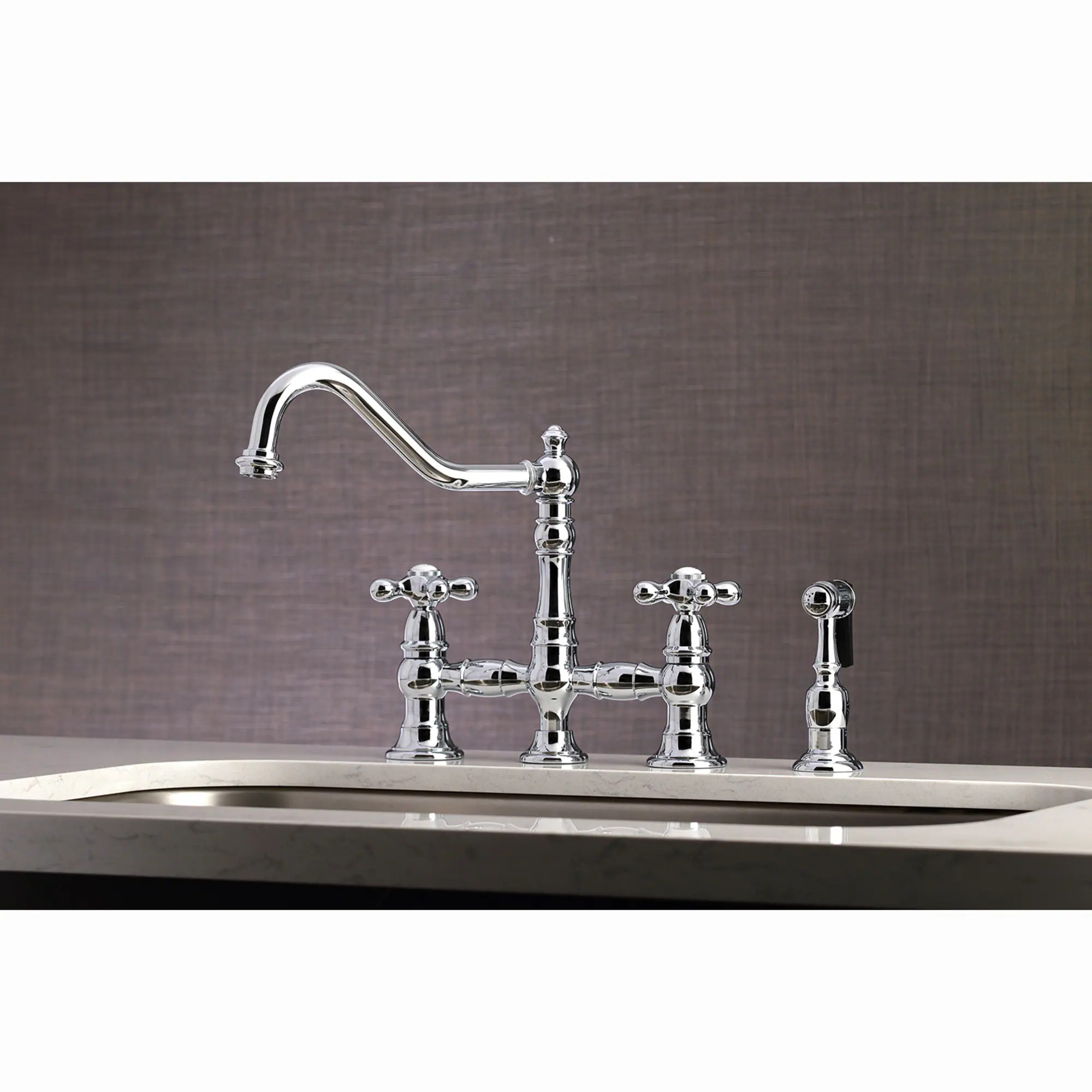 Kingston Brass Restoration Polished chrome Double Handle Deck-mount Bridge Kitchen Faucet with Sprayer (Includes Side Sprayer) | WLKS3271AXBS | Lowe's