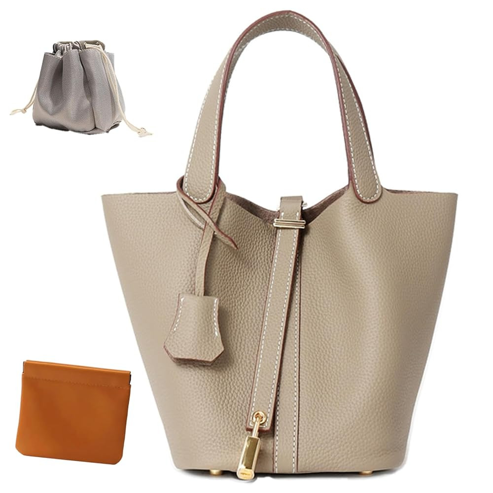 Genuine Leather Lock Design Bucket Bag Vegetable Basket, Fashionable and Versatile Shoulder Handb... | Amazon (US)