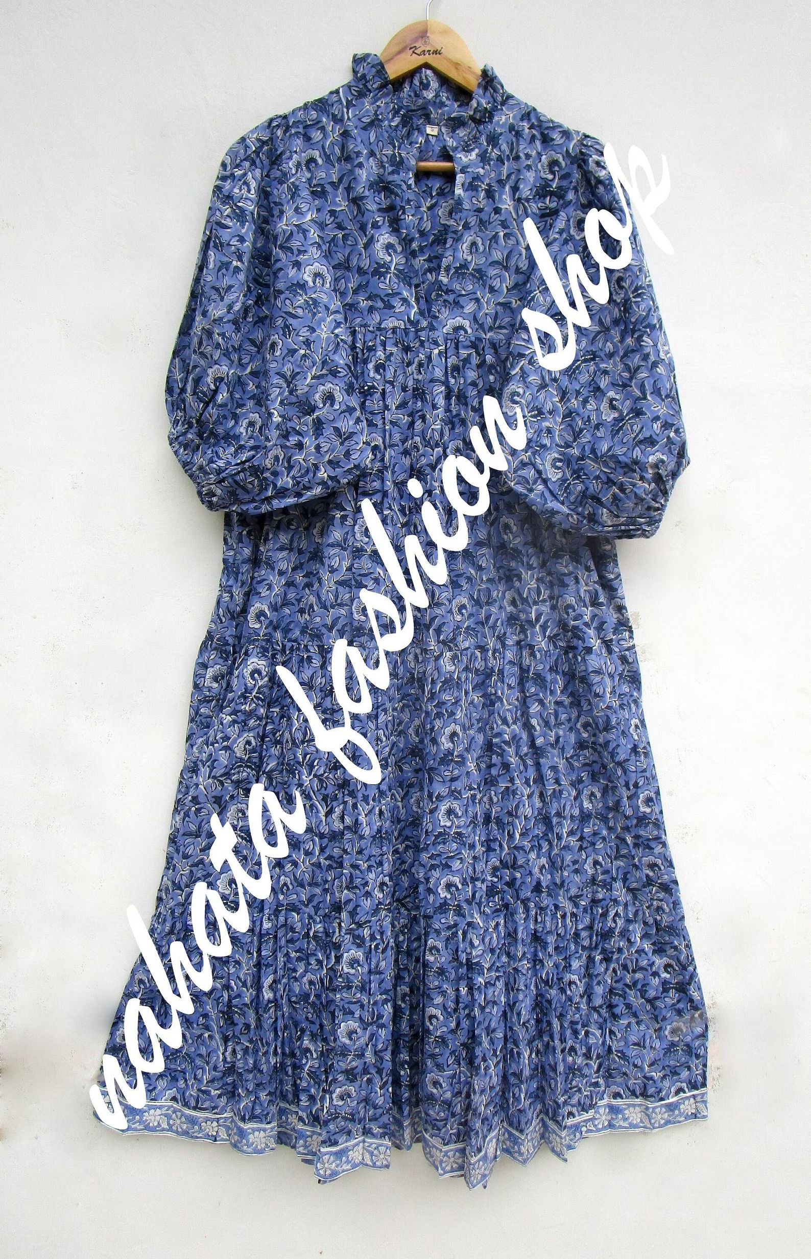 Indian blue floral printed maxi dress - v neckline summer maxi dress - 3/4th sleeve boho maxi dre... | Etsy (US)