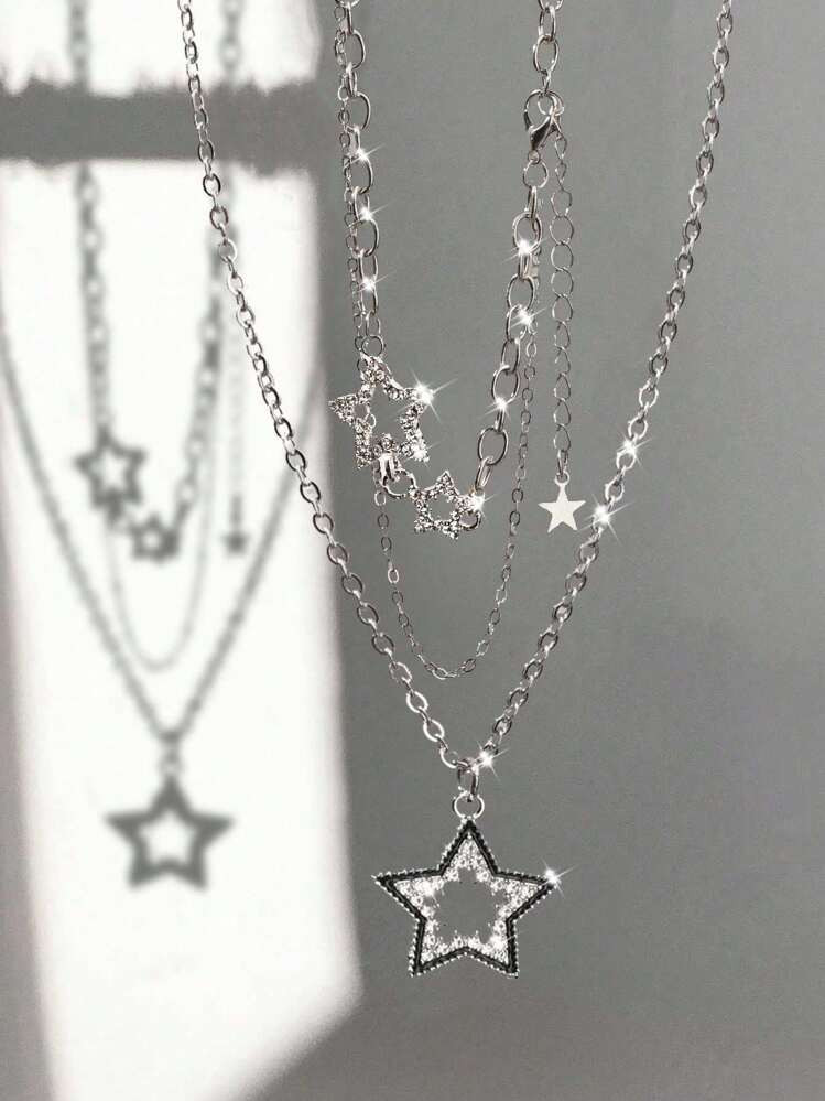2pcs Big Star Double Layer Necklace For Women, Fairy & Hip-Hop Style, Lock Chain Necklace For Women, Y2k Necklace | SHEIN