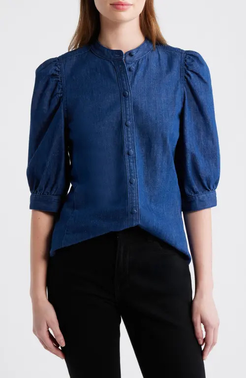 Madewell Denim Puff-Sleeve Band-Collar Shirt in Plumville Wash at Nordstrom, Size 14 | Nordstrom