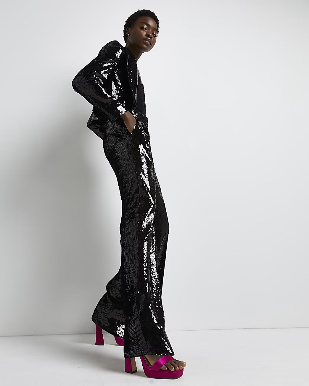 Black sequin wide leg trousers | River Island (UK & IE)