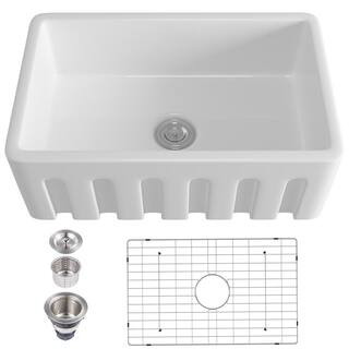 Boyel Living White Grooves Fireclay 30 in. Single Bowl Farmhouse Apron Kitchen Sink with Basin Rack  | The Home Depot