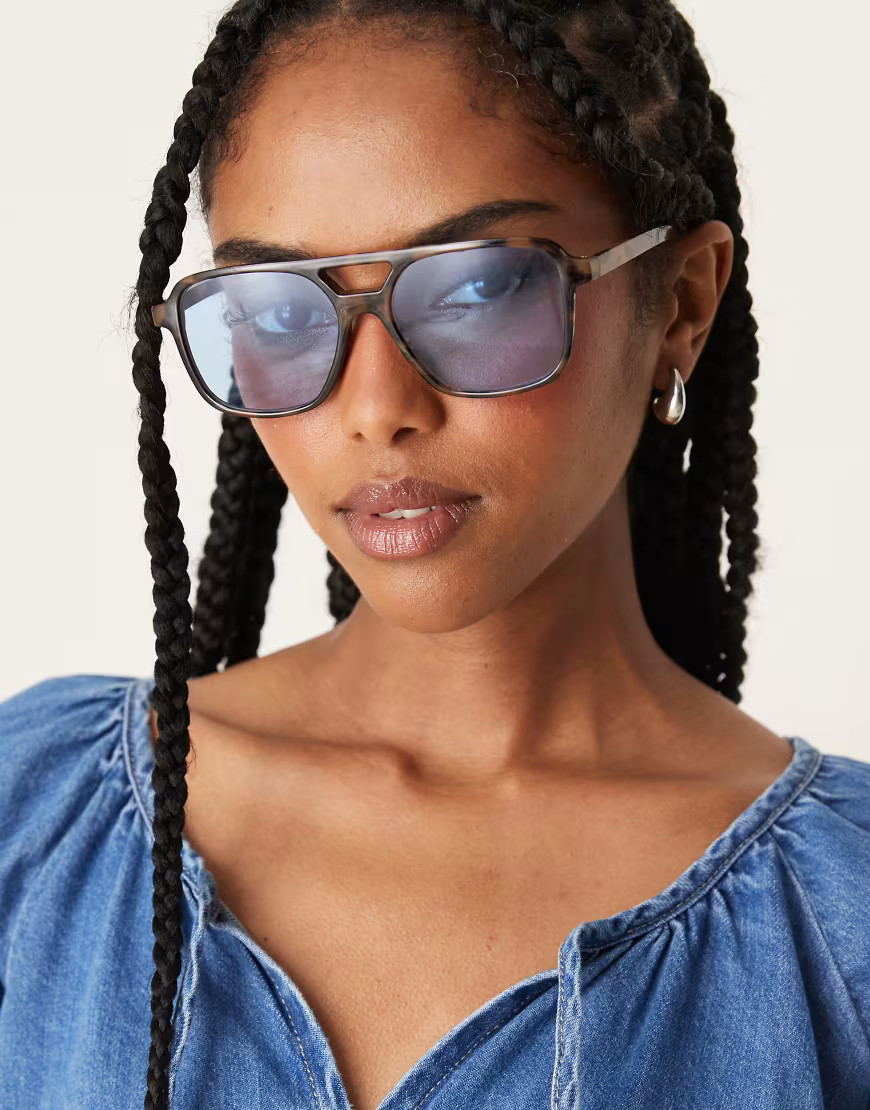 ASOS DESIGN tort aviator sunglasses with blue lens-Brown | ASOS (Global)