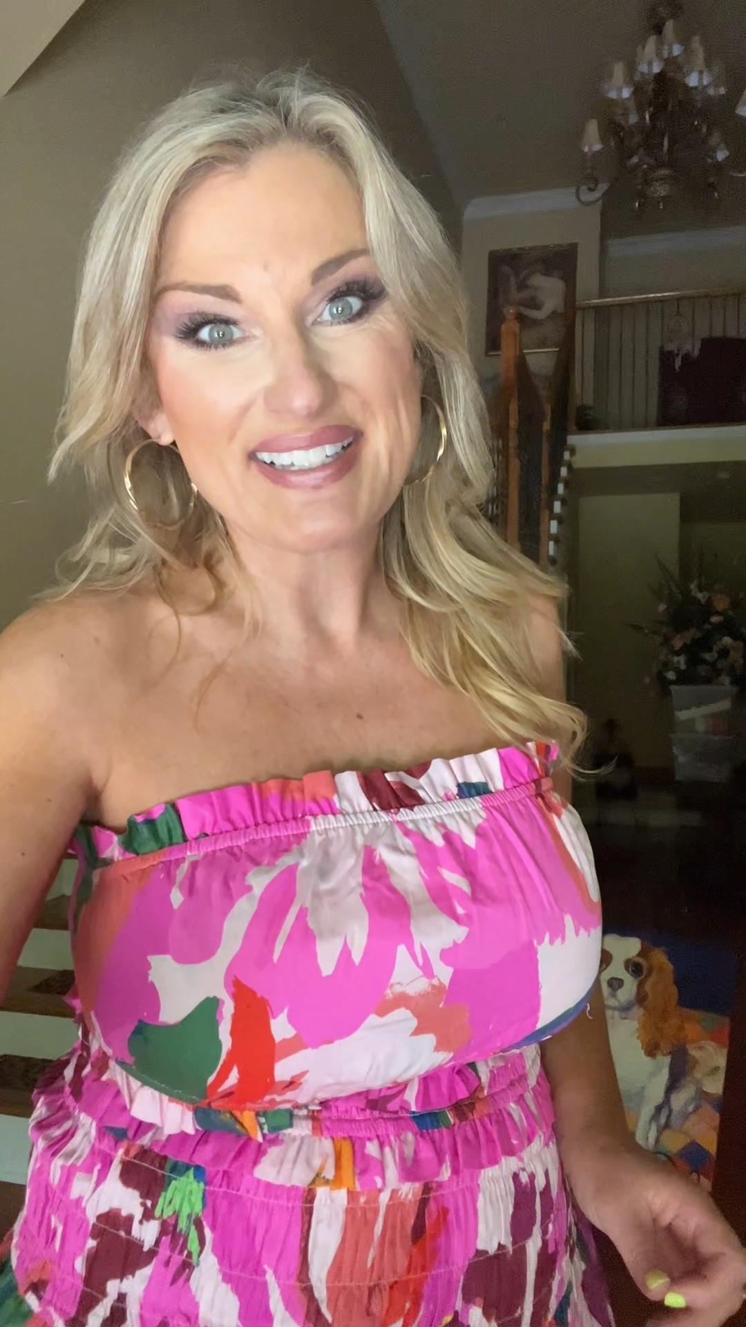 Strapless midi dress on a bright tropical print. 

Wearing my true size medium

#LTKootd #LTKSaleAlert #LTKMidsize