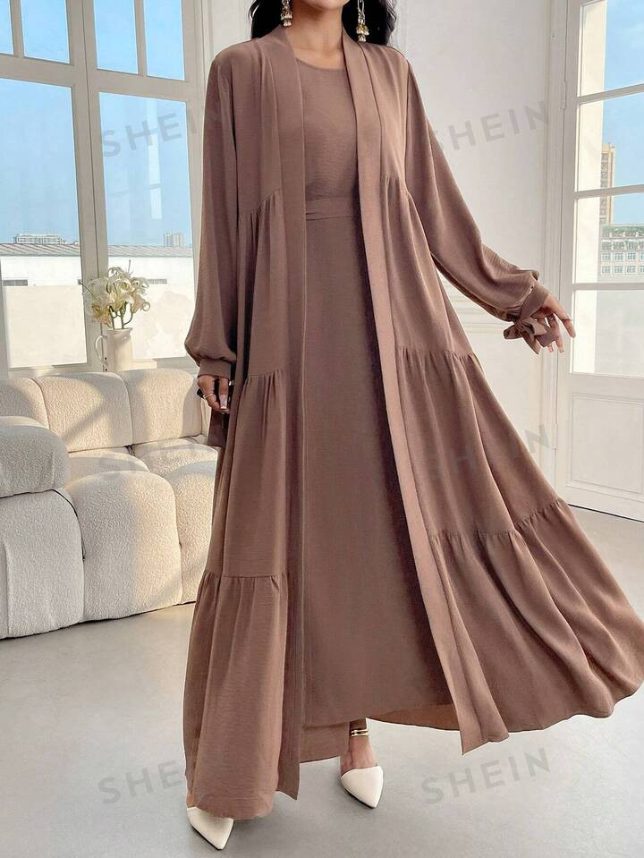 Women's Solid Color Long Sleeve Pleated Minimalist Abaya | SHEIN USA | SHEIN