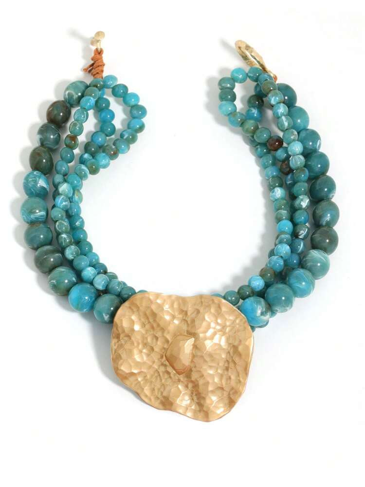 Multi-Layer Beaded Necklace With Vintage Hammered Gold-Tone Charm, Suitable For Daily, Party, And... | SHEIN