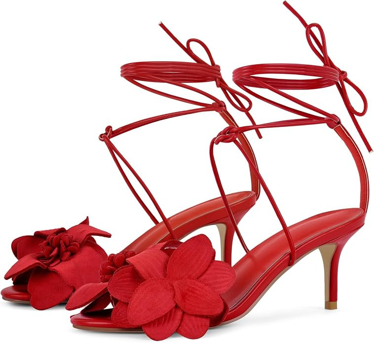 Women's Floral Ankle Strappy Heeled Sandals Round Toe Faux Leather Stilettos Heels | Amazon (US)