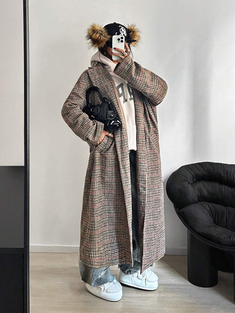 StreetHx Streetwear Women's Long Plaid Woolen Coat, Autumn/Winter | SHEIN