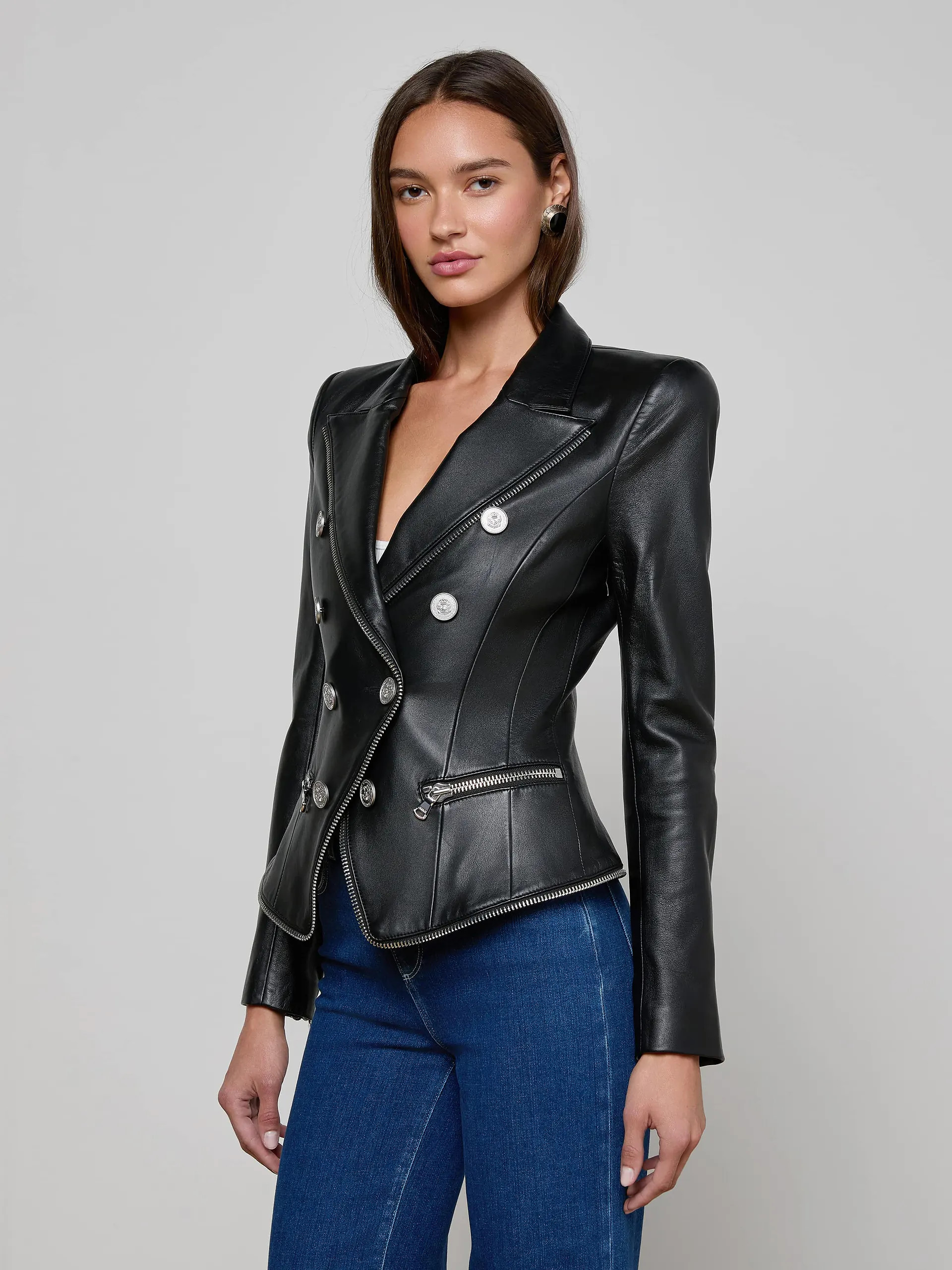 Ottilie Leather Blazer in Black/Nickel | L'AGENCE | L'Agence