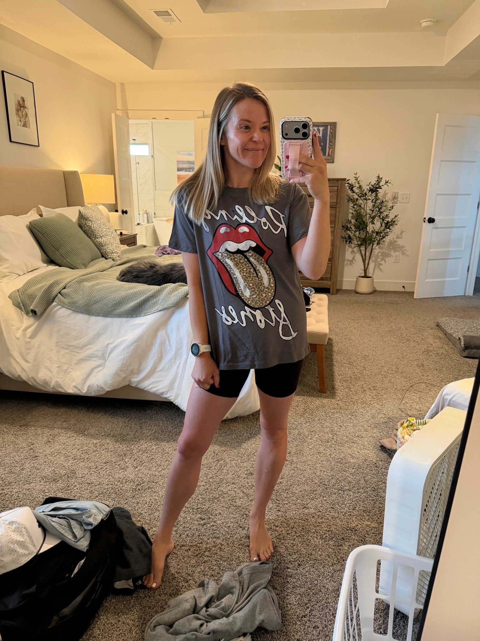 Target graphic tee - wearing S
Lululemon align shorts (I think 4”?) - I believe in a size 4

Comfy travel outfit / athleisure / work from home / stay at home mom

#LTKootd #LTKmomlife #LTKActive