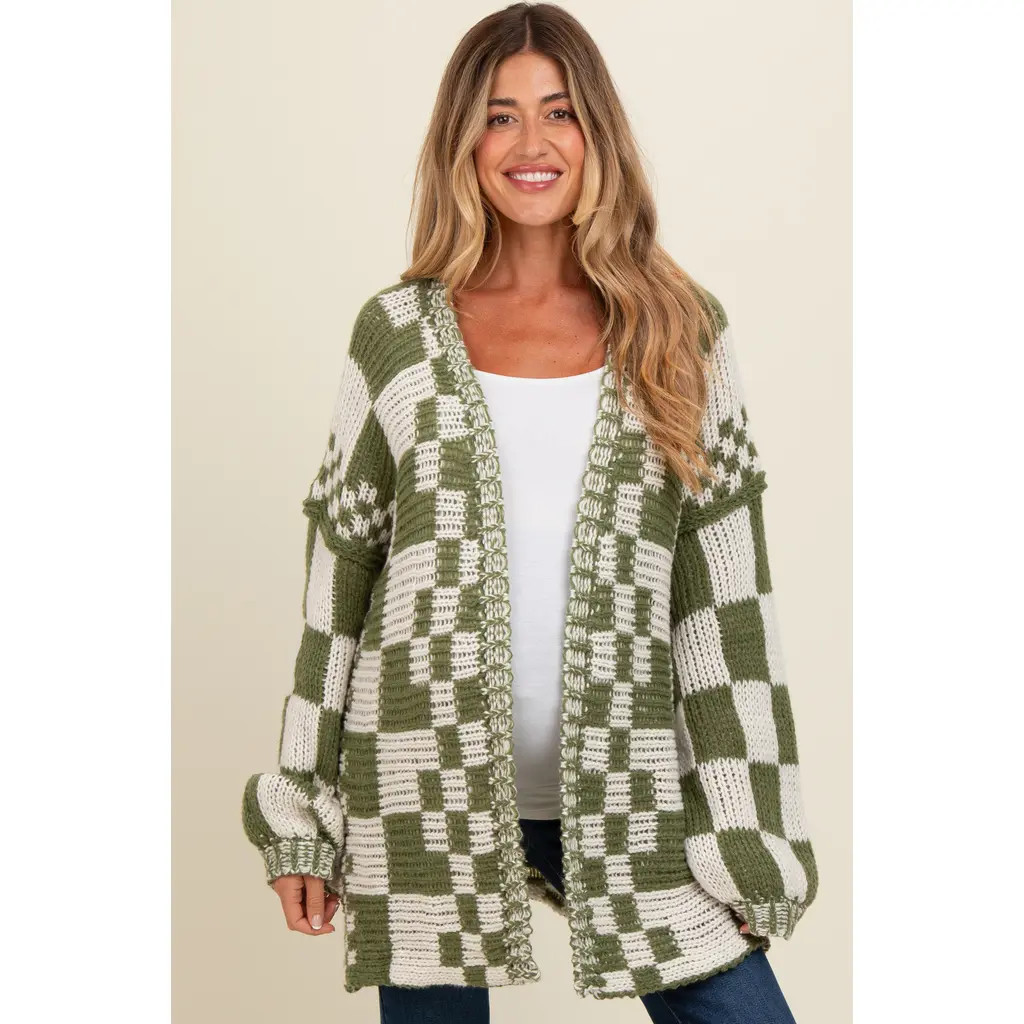PinkBlush Mixed Check Pattern Chunky Cardigan in Olive Green at Nordstrom, Size X-Large | Nordstrom