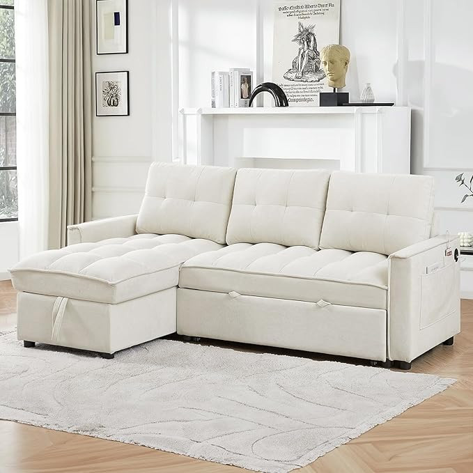 L Shaped Reversible Sleeper Sofa Couch, Chenille Tufted Convertible Pull Out Loveseat Sofa Couch ... | Amazon (US)