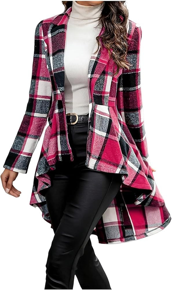 HGps8w High Low Plaid Jacket for Women Elegant One Button Tuxedo Blazers Business Casual Sports C... | Amazon (US)