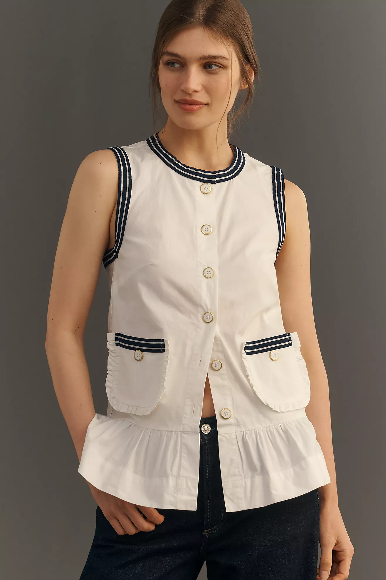 Maeve Contrast-Trim Peplum Buttondown Top | Anthropologie (US)