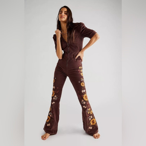 Free People Driftwood Esme Cord Coveralls Floral Embroidery Flares Brown | Poshmark