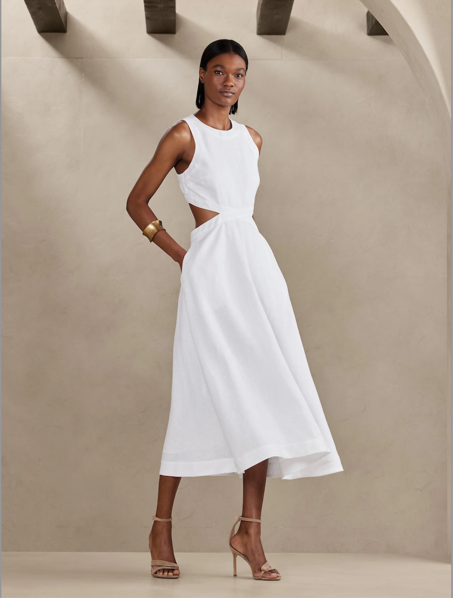 knee length dresses for ladies Women's White Linen Vacation Dress