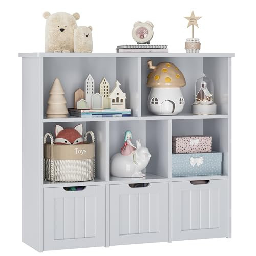 FOTOSOK Toy Storage Organizer with 3 Movable Drawers, Floor Storage Cabinet Toy Chest with Hidden Wheels and 5 Storage Cubbies, Multifunctional Storage Chest for Playroom, Grey | Amazon (US)