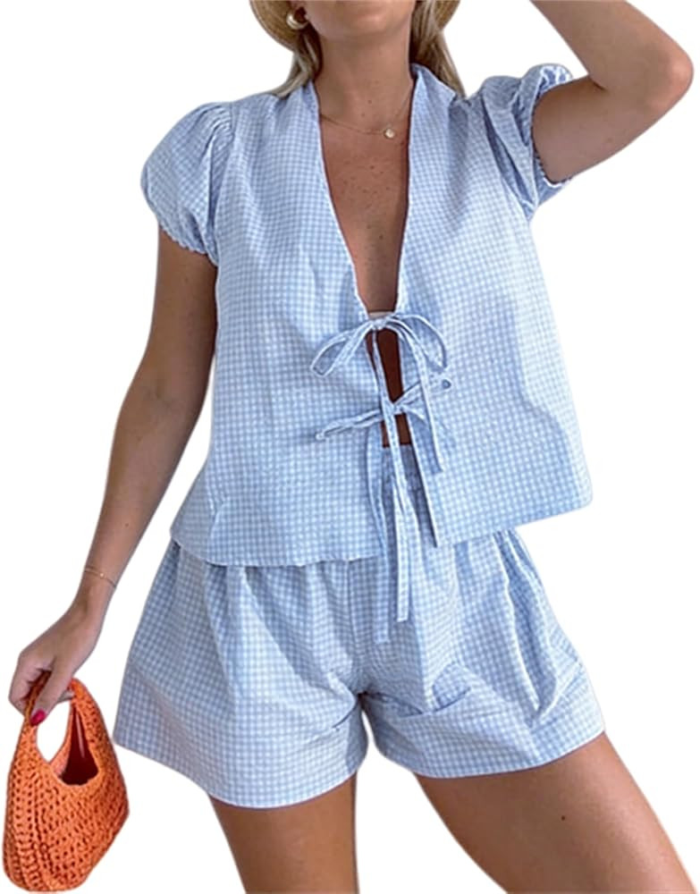 Yuemengxuan Women Y2k Peplum Shirt Shorts Set Two Piece Lounge Set Pajamas Sets Puff Sleeve Tie F... | Amazon (US)