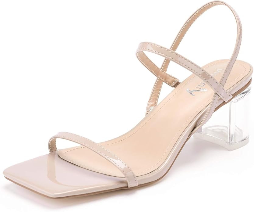 vivianly Women's Square Toe Crystal Clear Block Heels Open Toe Ankle Strap Party Sandals | Amazon (US)