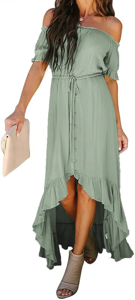 Dokotoo Womens 2023 Off The Shoulder Casual Short Sleeve Maxi Dress High Low Solid Cocktail Skater D | Amazon (US)