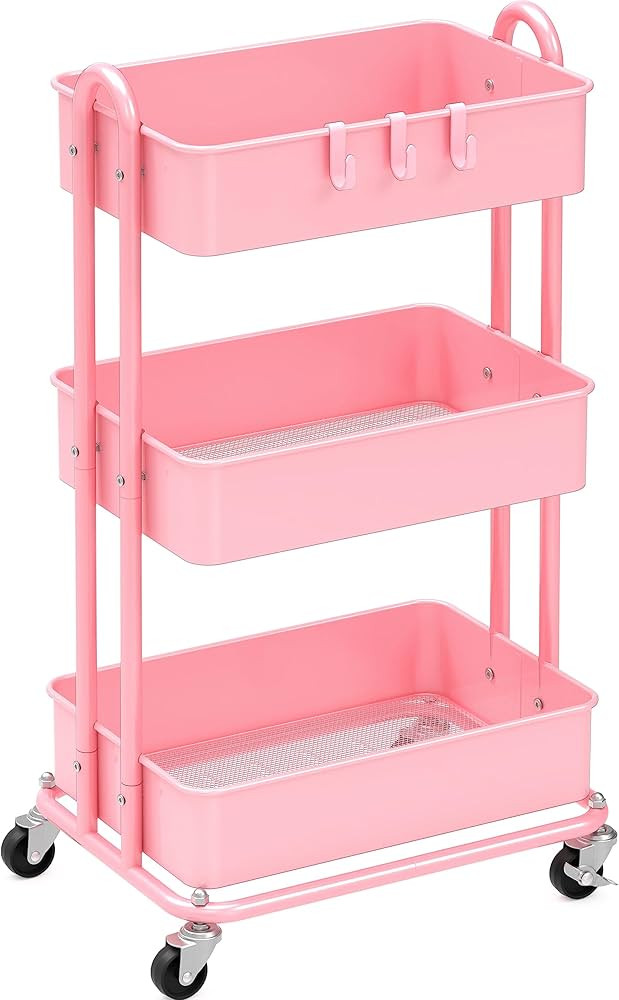 Simple Houseware 3-Tier Heavy Duty Metal Utility Rolling Cart, Pink | Amazon (US)