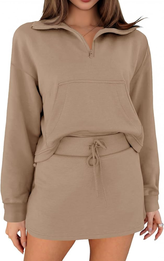 Fisoew Womens Sweatsuits 2 Piece Outfits Quarter Zip Cropped Sweatshirts Casual Mini Skorts Loung... | Amazon (US)