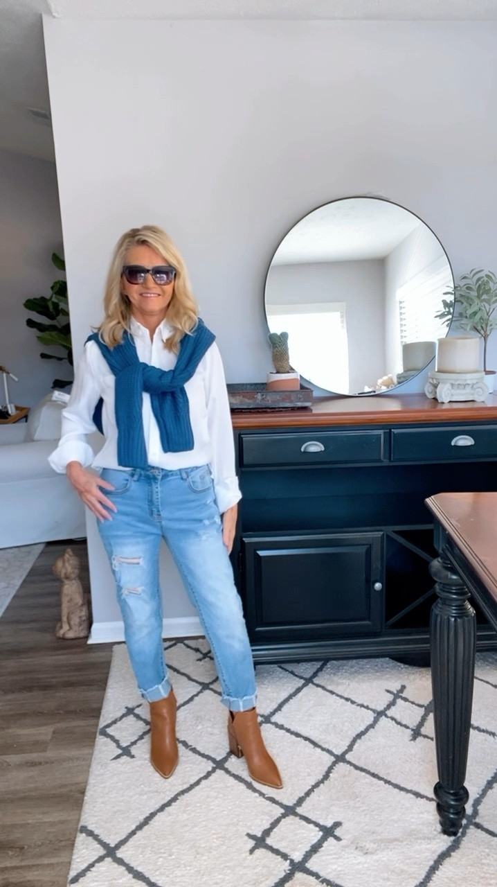 Preppy Style with a relaxed vibe/mid wash jeans size 26/shirt small/sweater small/Nine West boots

#LTKStyleTip #LTKVideo #LTKShoeCrush