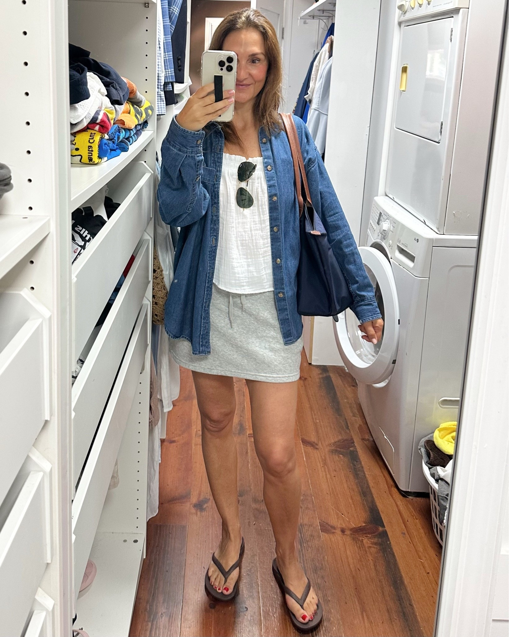Cottage errand fit!
I’m 5’ 7” wearing my usual size S in the denim shirt, top and skort.
Arch support flip flops fit tts, go up if between

#LTKootd