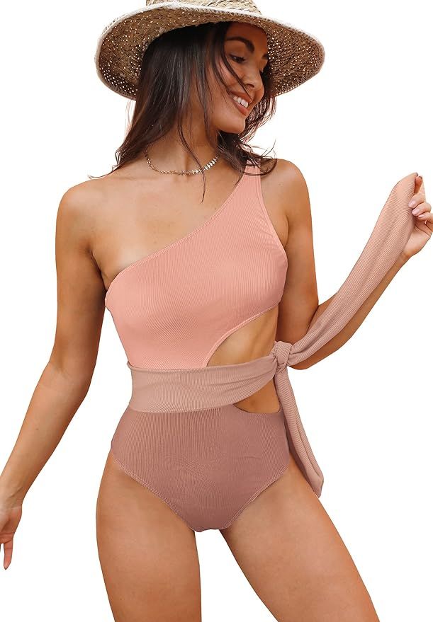 SPORLIKE Women One Piece Swimsuit One Shoulder Swimwear Ribbed Color Block Bathing Suit | Amazon (US)