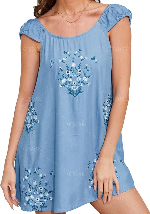 Women's Floral Embroidered Dress Summer Babydoll Short Dress Casual Wedding Guest Sundresses for ... | Amazon (US)