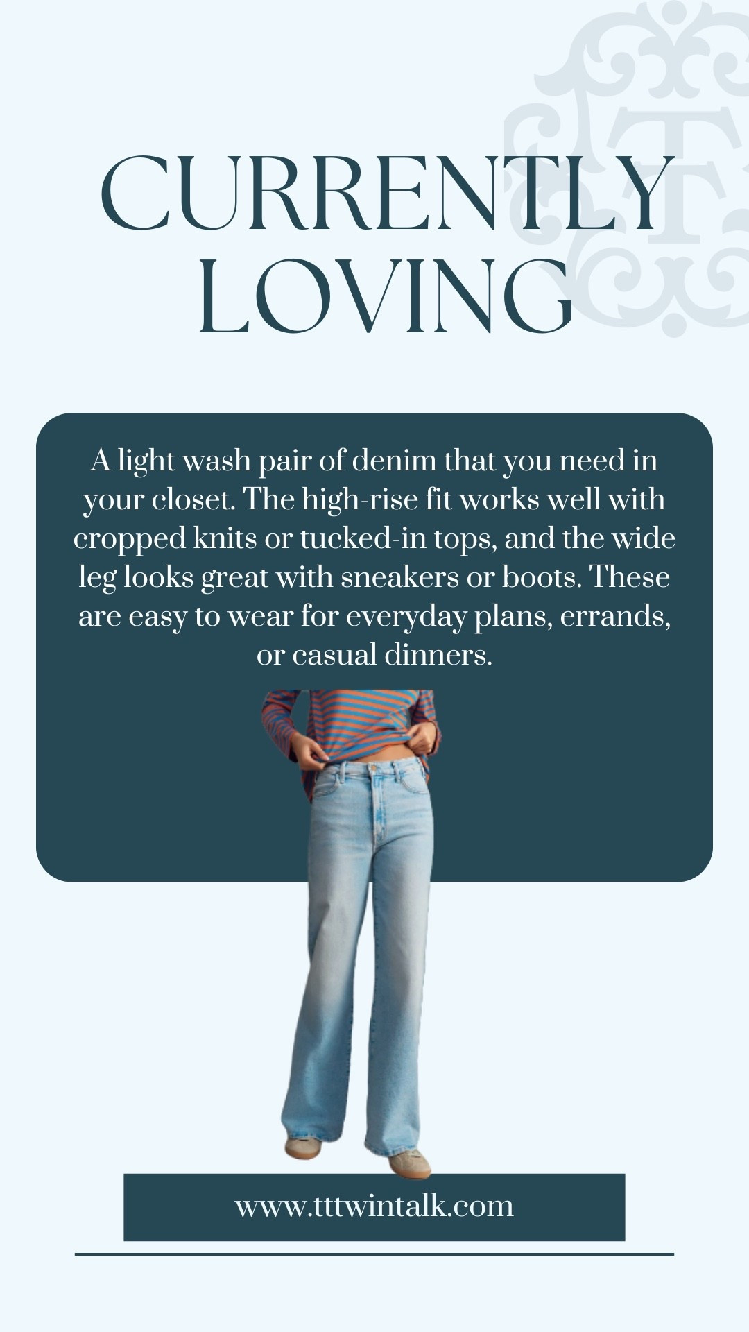 A light wash pair of denim that you need in your closet. The high-rise fit works well with cropped knits or tucked-in tops, and the wide leg looks great with sneakers or boots. These are easy to wear for everyday plans, errands, or casual dinners.

#LTKOver40 #LTKSeasonal #LTKMidsize